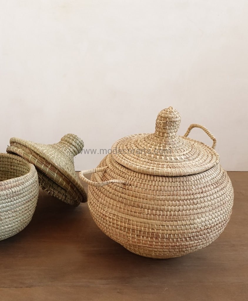 Alibaba Nursery Basket / Natural Borassus Stem Plain looking Small size Basket. Round shaped with handles. Easy to use.