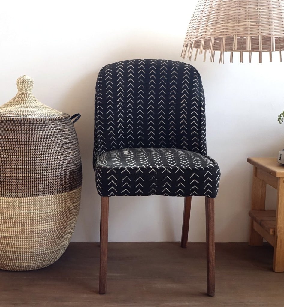 Black Mud Cloth Upholstered Chair // Dining Chair // Wooden Chair Upholstered with Bogolon - modecorarts home decor idea
