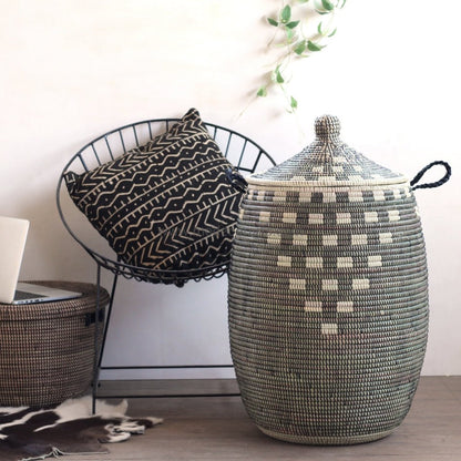 Black "Pottery" Design with Ivory Pattern Laundry Basket (XL) / Ivory dots on black base Extra Large size Laundry Basket