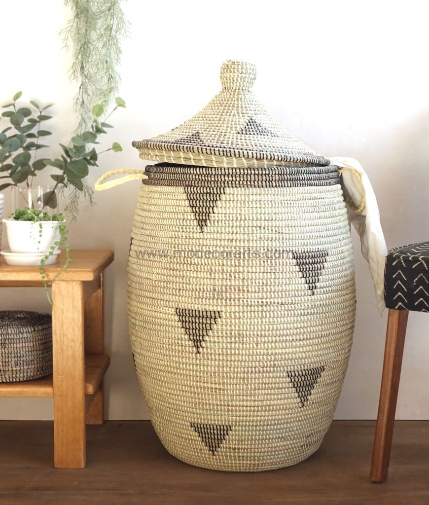 Black Triangle patterned Laundry Basket (XL) / Ivory / Home Decor Accessory - Ivory base with black triangle.
