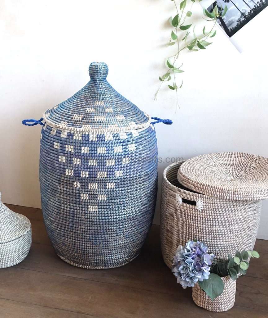 Blue "Pottery" Design with White Pattern Laundry Basket / African Baskets - modecorarts