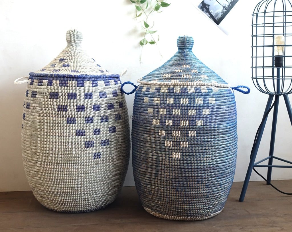 Blue "Pottery" Design with White Pattern Laundry Basket / African Baskets - modecorarts