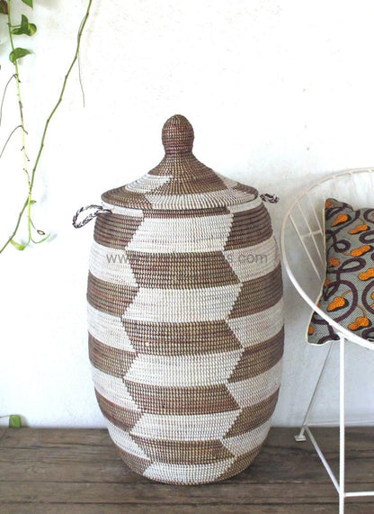 Chevron patterned Laundry Basket (XL) in dark brown & white / Laundry Hamper - modecorarts