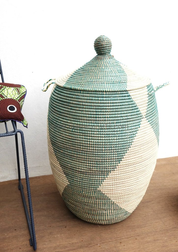 Green Laundry Basket with Ivory Diamond (XXL) / African Basket - modecorarts