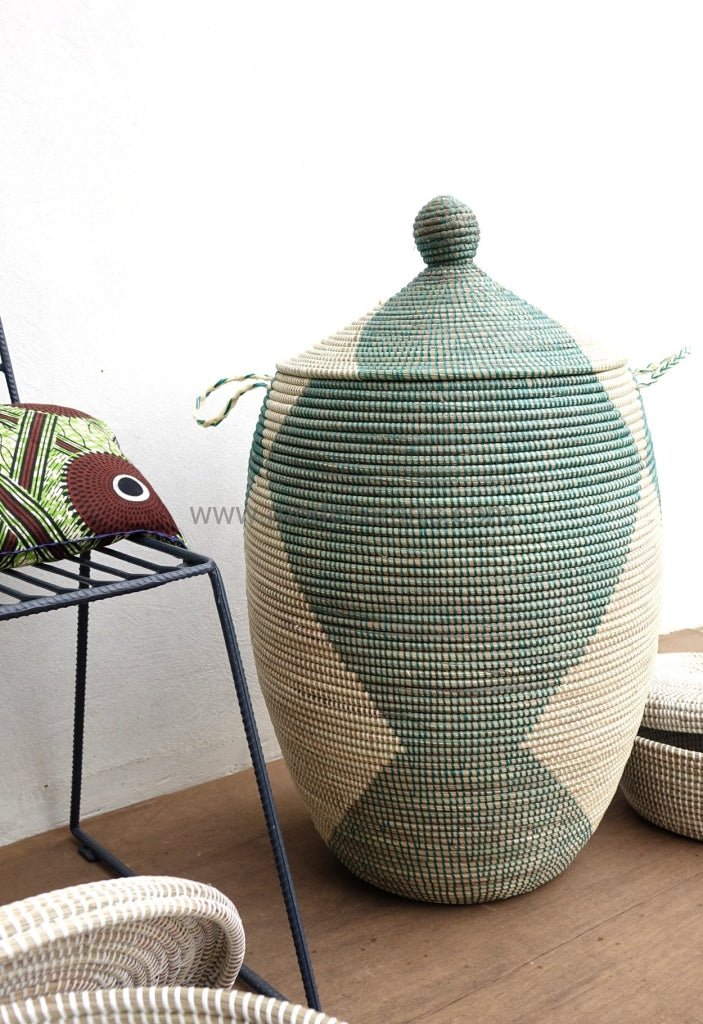 Green Laundry Basket with Ivory Diamond (XXL) / African Basket - modecorarts