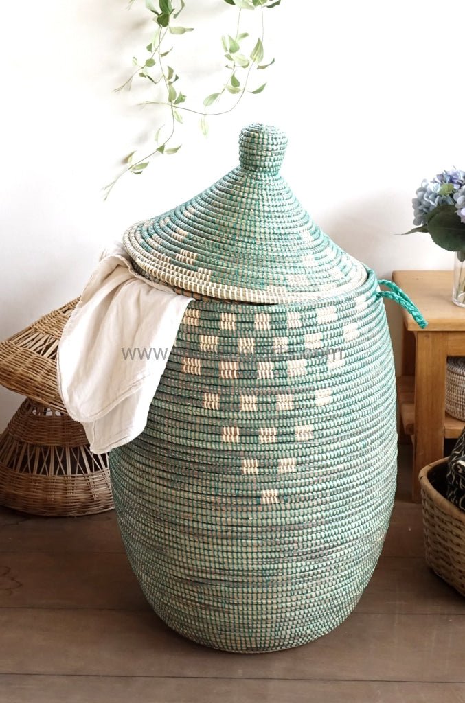 Green "Pottery" Design with Ivory Laundry Basket / Laundry Hamper - modecorarts