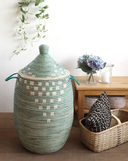 Green "Pottery" Design with Ivory Laundry Basket / Laundry Hamper - modecorarts