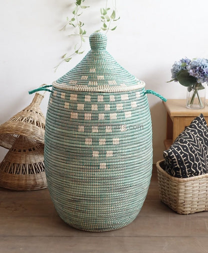 Beautiful Ivory dots pattern on Green base XL laundry basket Fully handmade in Senegal Accent furniture decluttering solution