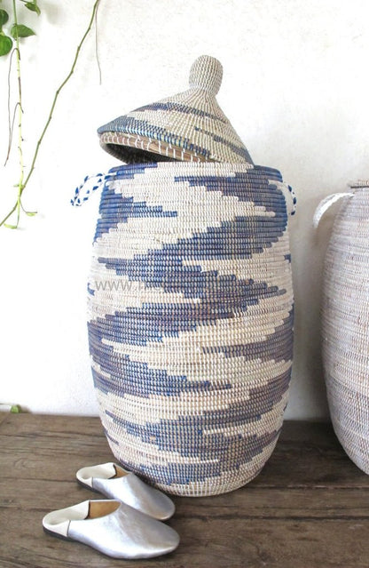 Handmade Laundry Basket (XL) in white & blue zebra / Laundry Hamper - modecorarts