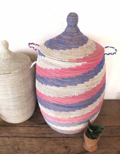 Handmade Laundry Basket (XL) in white, pink and blue / Laundry Hamper - modecorarts