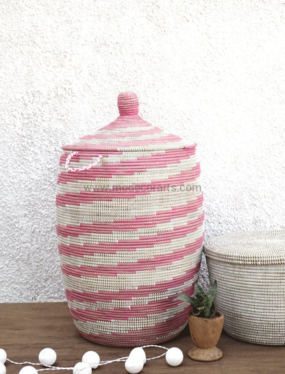 Handmade Laundry Basket (XL) in white & pink twirl / Laundry Hamper - modecorarts