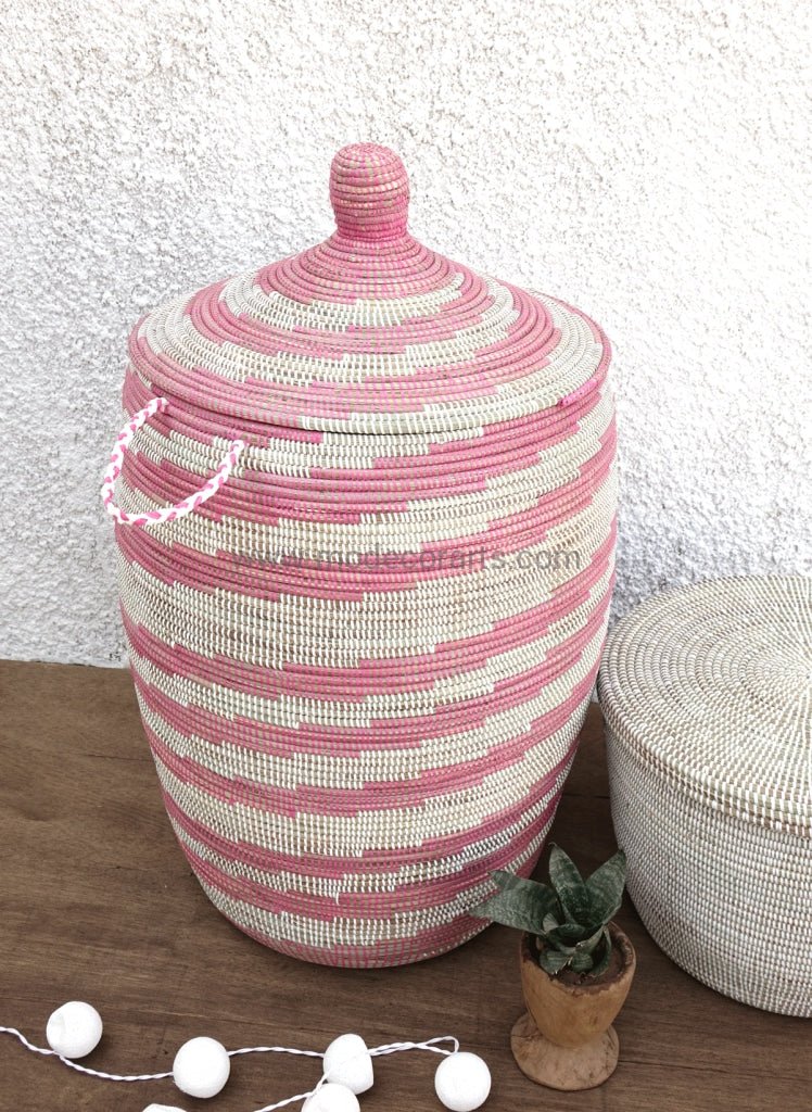 Handmade Laundry Basket (XL) in white & pink twirl / Laundry Hamper - modecorarts