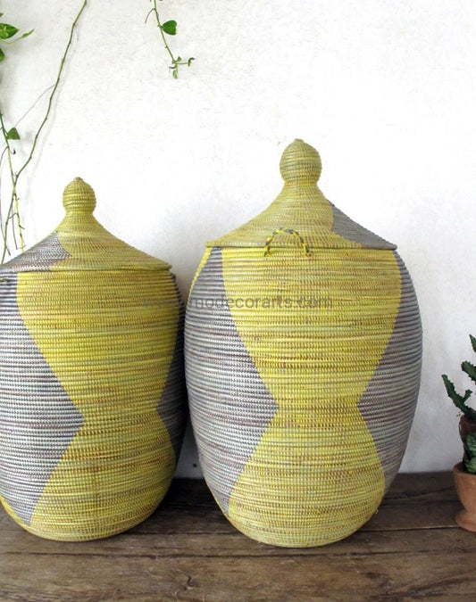 Handmade Laundry Basket (XL) in yellow & gray pattern / Laundry Hamper - modecorarts