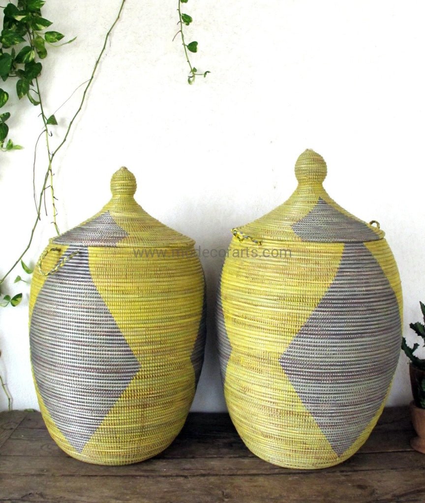 Handmade Laundry Basket (XL) in yellow & gray pattern / Laundry Hamper - modecorarts