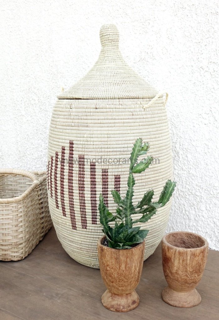 Handmade Laundry Basket (XXL) in ivory with dark brown line pattern / Laundry hamper - modecorarts