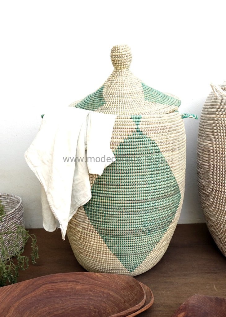 Ivory Laundry Basket with Green Diamond (XL) / Gorgeous Organizing Basket - modecorarts