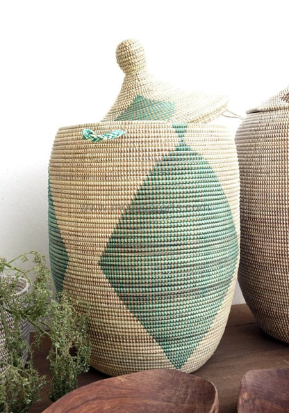 Ivory Laundry Basket with Green Diamond (XL) / Gorgeous Organizing Basket - modecorarts