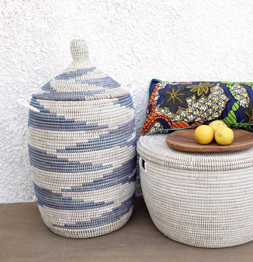 Laundry Basket (L) in blue & white zebra / Laundry hamper - modecorarts