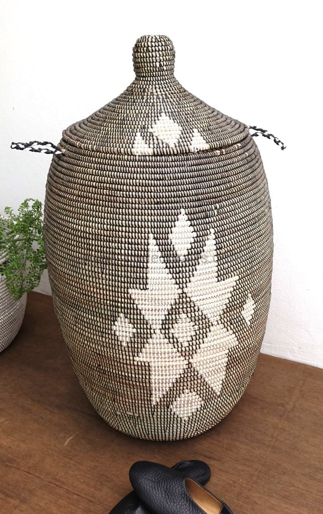 Laundry Basket (XL) in black with white tribal flower / Laundry Hamper - modecorarts