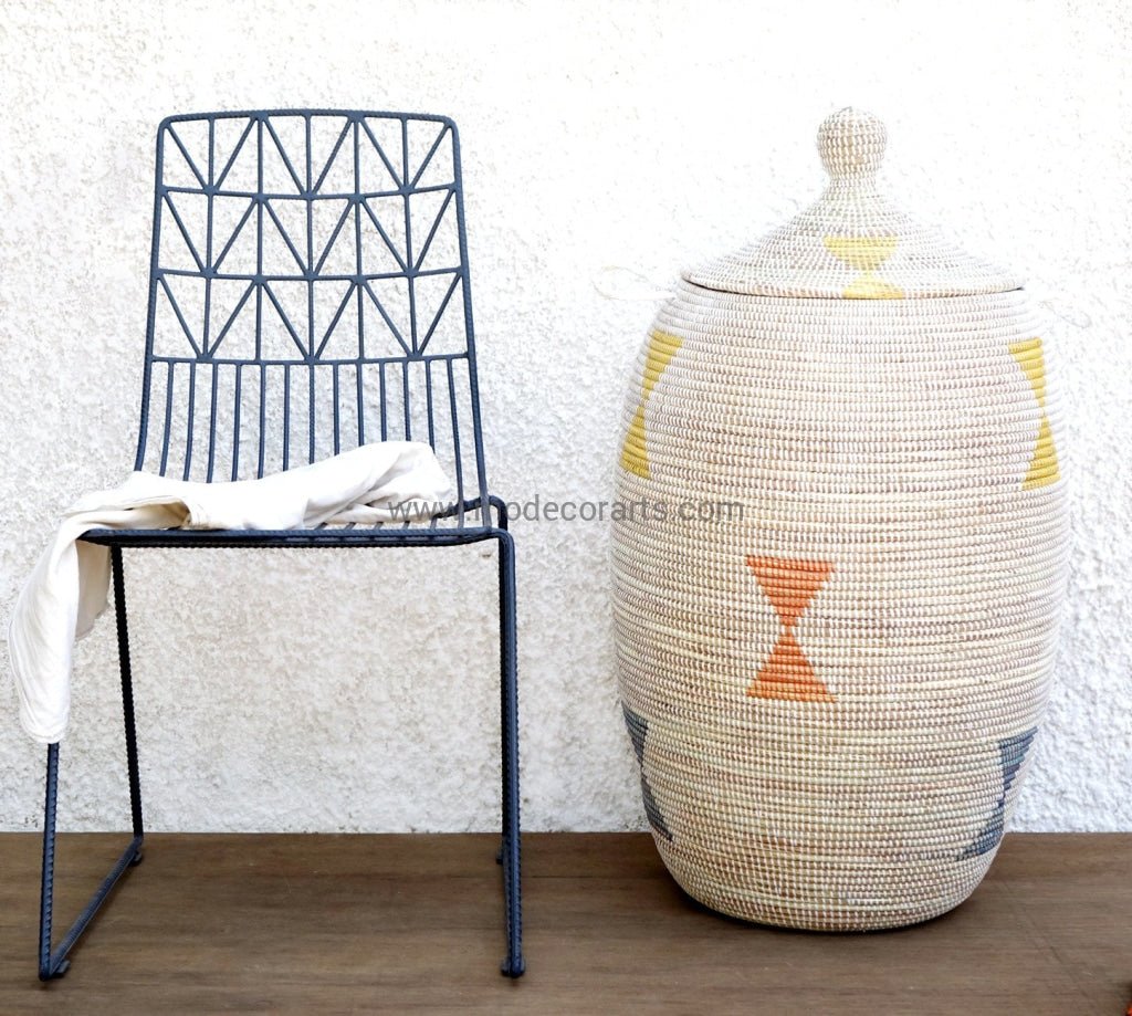 Laundry Basket (XXL) in White with Multi-Color Triangles / Laundry Hamper - modecorarts