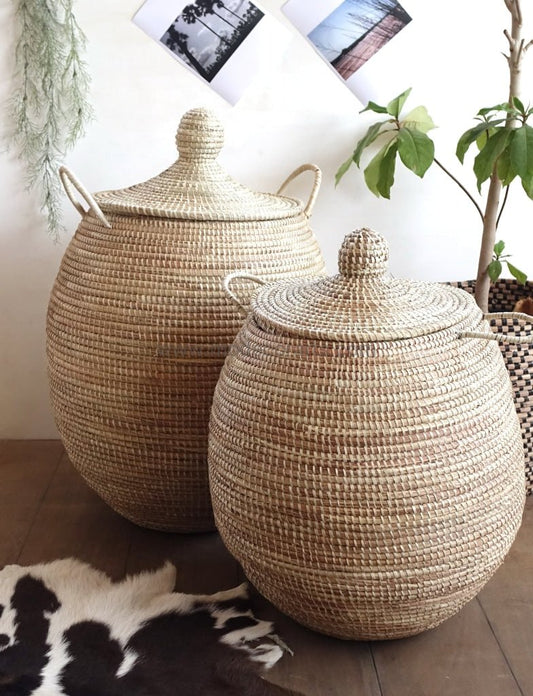 Set of 2 Natural African Baskets / African Wicker Laundry Baskets - modecorarts