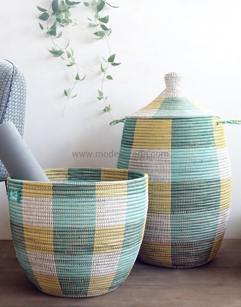 Set of Check Patterned Baskets / African Laundry Baskets / Storage Baskets - modecorarts