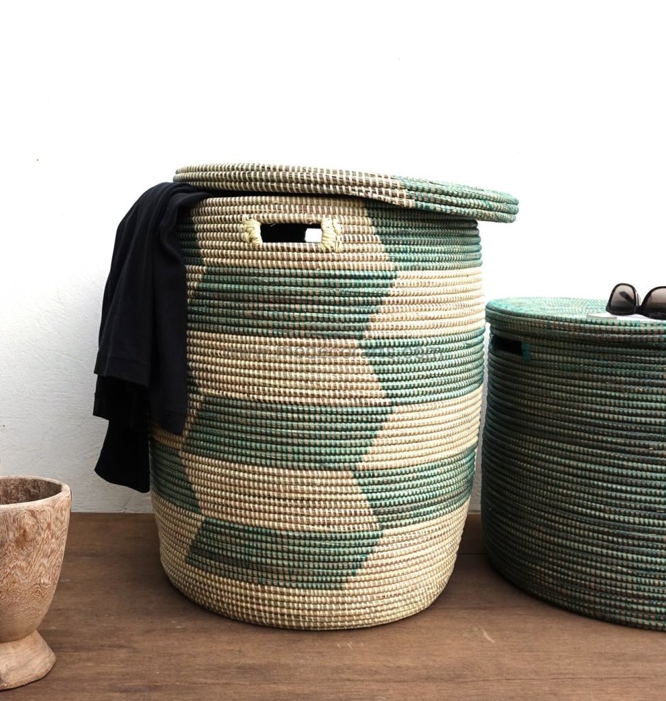 Storage basket with flat lid / Boho Storage / Green & Ivory Chevron Pattern - modecorarts