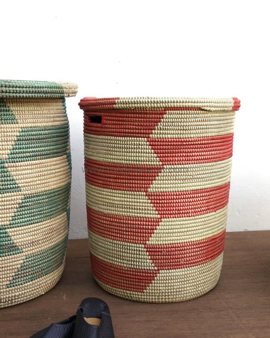 Storage basket with flat lid / Boho Storage / Red & Ivory Chevron Pattern - modecorarts
