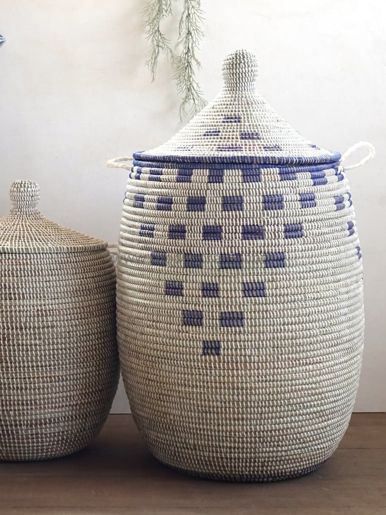 White "Pottery" Design with Blue Pattern Laundry Basket / African Baskets - modecorarts