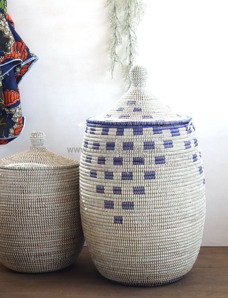 White "Pottery" Design with Blue Pattern Laundry Basket / African Baskets - modecorarts