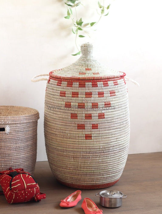 White "Pottery" Design with Red Pattern Laundry Basket / African Baskets - modecorarts