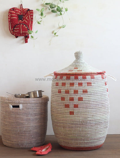 White "Pottery" Design with Red Pattern Laundry Basket / African Baskets - modecorarts
